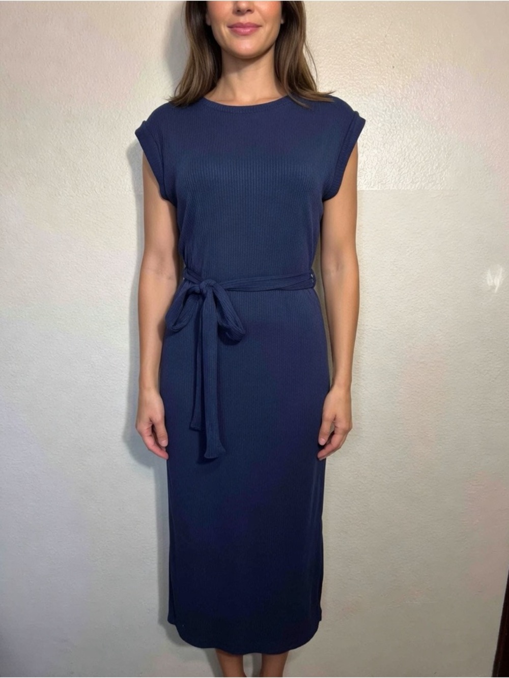 ALYA Classic Navy Blue Stretch Belted Midi Dress